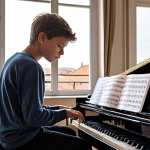 **

A young musician practicing diligently in a brightly lit room, sheet music scattered around, focused expression, European cityscape visible through the window, possibly with a grand piano or a string instrument in focus. The image should evoke dedication and ambition.

**