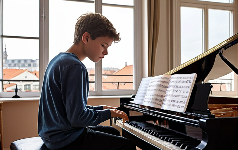 **
A young musician practicing diligently in a brightly lit room, sheet music scattered around, focused expression, European cityscape visible through the window, possibly with a grand piano or a string instrument in focus. The image should evoke dedication and ambition.
**