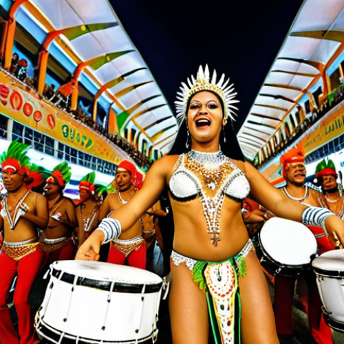 **A vibrant Brazilian samba school parade:** Capture the energy and excitement of a samba parade in Rio de Janeiro during Carnival. Include elaborate costumes, intricate floats, and passionate dancers moving to the rhythm of the drums.