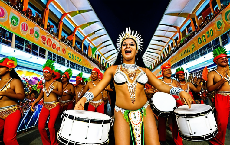**A vibrant Brazilian samba school parade:** Capture the energy and excitement of a samba parade in Rio de Janeiro during Carnival. Include elaborate costumes, intricate floats, and passionate dancers moving to the rhythm of the drums.