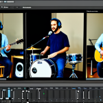 A professional music band in modern, modest clothing and appropriate attire, depicted in a dynamic multi-panel view. Each panel features a different band member: one playing a guitar in a contemporary home studio, another on drums in a sound-isolated booth, and a third singing in a living room. All musicians are interacting with screens displaying their bandmates, seamlessly connected via advanced digital audio workstations (DAW) and online collaboration tools, with visible headphones and microphones. The composition highlights synchronized teamwork across distances, conveying digital harmony. Professional photography, high detail, perfect anatomy, correct proportions, natural pose, well-formed hands, proper finger count, natural body proportions, safe for work, appropriate content, fully clothed, professional dress, family-friendly.