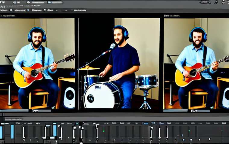 A professional music band in modern, modest clothing and appropriate attire, depicted in a dynamic multi-panel view. Each panel features a different band member: one playing a guitar in a contemporary home studio, another on drums in a sound-isolated booth, and a third singing in a living room. All musicians are interacting with screens displaying their bandmates, seamlessly connected via advanced digital audio workstations (DAW) and online collaboration tools, with visible headphones and microphones. The composition highlights synchronized teamwork across distances, conveying digital harmony. Professional photography, high detail, perfect anatomy, correct proportions, natural pose, well-formed hands, proper finger count, natural body proportions, safe for work, appropriate content, fully clothed, professional dress, family-friendly.