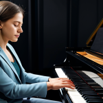 A professional female pianist in a modest business casual outfit, sitting at a grand piano in a softly lit, modern music studio. Her eyes are gently closed, conveying deep concentration and emotional connection to the music, with her hands resting thoughtfully on the keys. The atmosphere is peaceful and focused, emphasizing active listening and subtle harmony. Fully clothed, appropriate attire, safe for work, perfect anatomy, natural proportions, well-formed hands, proper finger count, natural body proportions, professional photography, high quality, family-friendly.