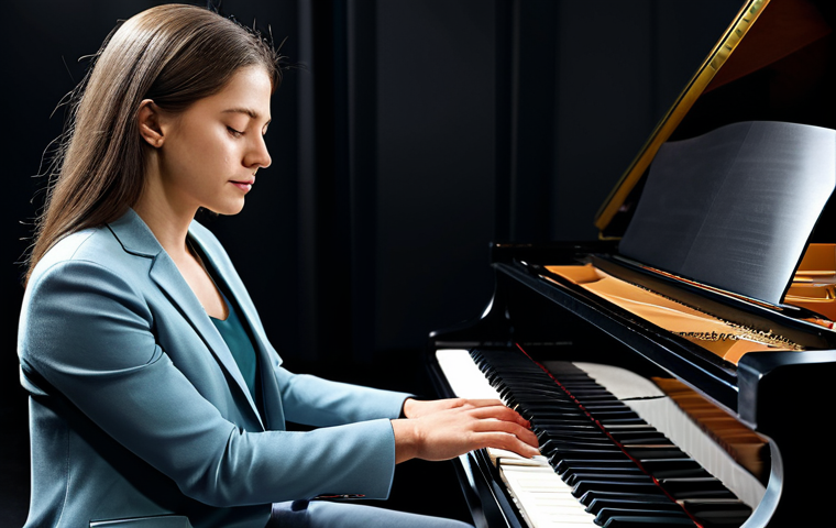 A professional female pianist in a modest business casual outfit, sitting at a grand piano in a softly lit, modern music studio. Her eyes are gently closed, conveying deep concentration and emotional connection to the music, with her hands resting thoughtfully on the keys. The atmosphere is peaceful and focused, emphasizing active listening and subtle harmony. Fully clothed, appropriate attire, safe for work, perfect anatomy, natural proportions, well-formed hands, proper finger count, natural body proportions, professional photography, high quality, family-friendly.