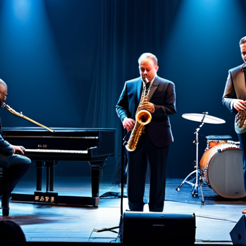 **

"A professional jazz quartet performing on a brightly lit stage in a modern jazz club. The musicians are fully clothed in stylish, modest attire. The scene captures the energy of live music with instruments like saxophone, piano, bass, and drums.  Safe for work, appropriate content, fully clothed, professional, perfect anatomy, correct proportions, natural poses, well-formed hands, proper finger count, natural body proportions, high quality, professional photography."

**