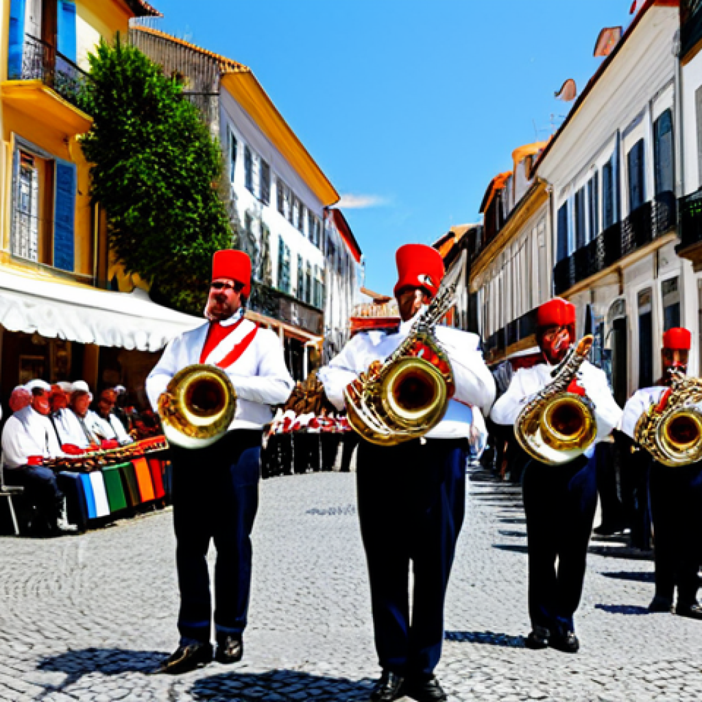 브라스 밴드 구성 - **

"A lively brass band performing outdoors in a charming Portuguese town square during a local fes...