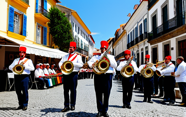 브라스 밴드 구성 - **

"A lively brass band performing outdoors in a charming Portuguese town square during a local fes...