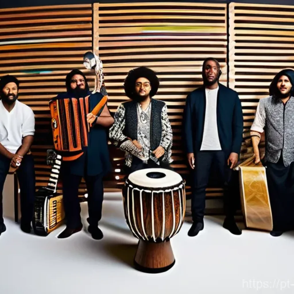 월드 뮤직 연구 - **Prompt:** A vibrant, dynamic image showcasing the "Magic of Cultural Fusion in Current Rhythms." I...