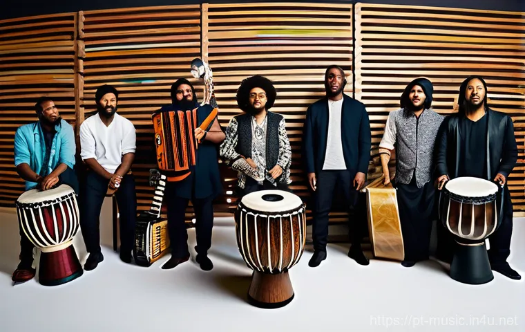 월드 뮤직 연구 - **Prompt:** A vibrant, dynamic image showcasing the "Magic of Cultural Fusion in Current Rhythms." I...