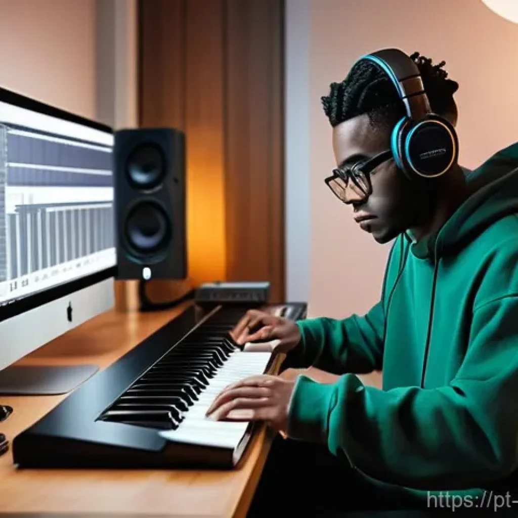 음악 이론 강의 - **Digital Maestro in a Cozy Studio:** A dynamic shot of a young, diverse adult (gender-neutral), wea...