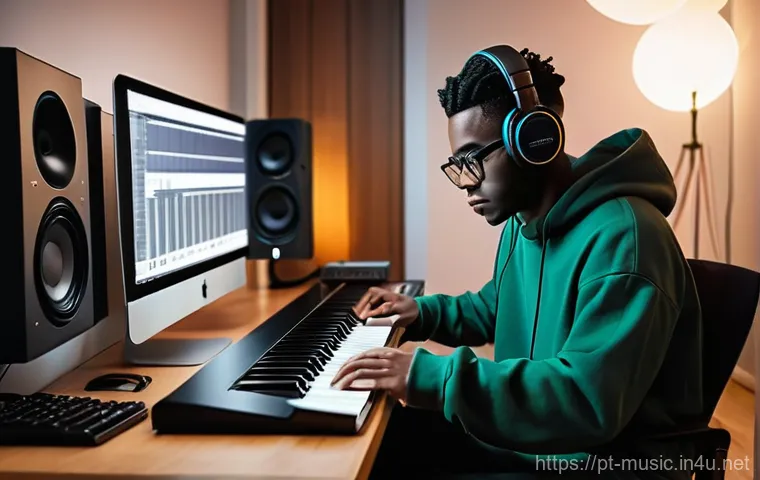 음악 이론 강의 - **Digital Maestro in a Cozy Studio:** A dynamic shot of a young, diverse adult (gender-neutral), wea...