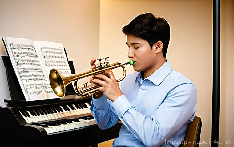 트럼펫 연습 루틴 - **Prompt 1: A Serene Warm-Up for a Trumpeter**
    A young trumpeter, female, in her early 20s, with...