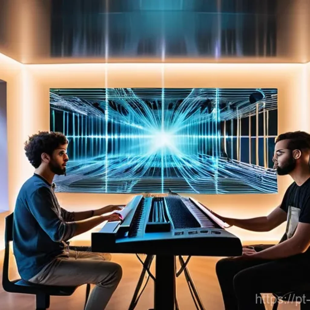 음악 논문 작성법 - **AI and Human Collaboration in Music Composition**
    "A wide-angle, vibrant image of a modern, sl...