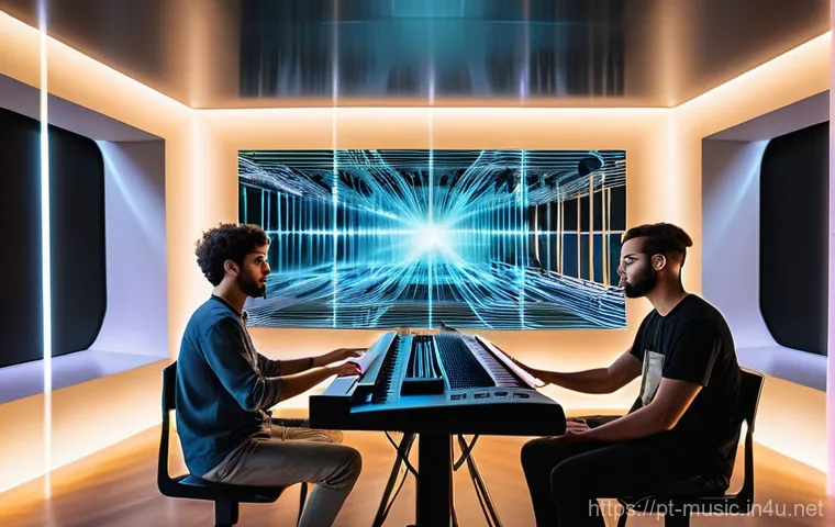 음악 논문 작성법 - **AI and Human Collaboration in Music Composition**
    "A wide-angle, vibrant image of a modern, sl...