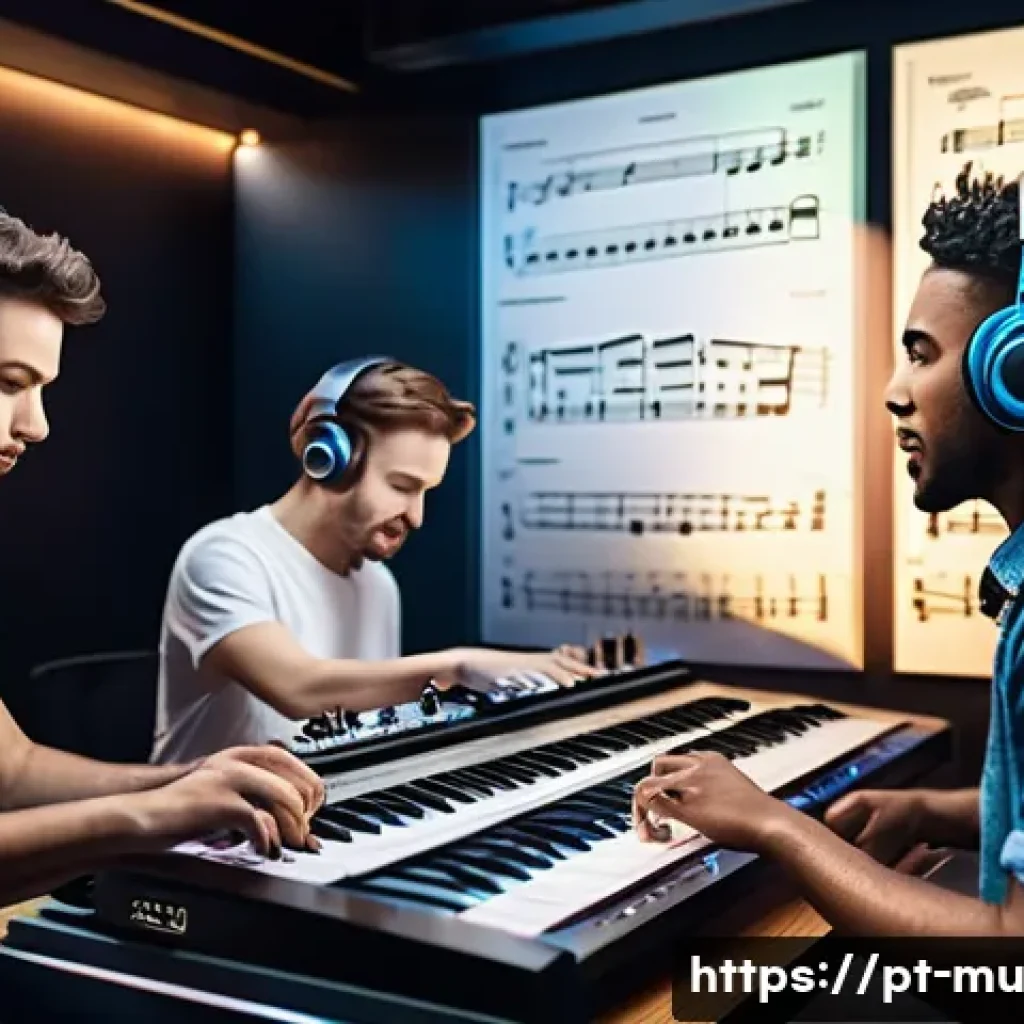 음악 평가 및 측정 - A vibrant music studio scene showing a diverse group of musicians analyzing rhythm and meter on digi...