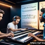 음악 평가 및 측정 - A vibrant music studio scene showing a diverse group of musicians analyzing rhythm and meter on digi...