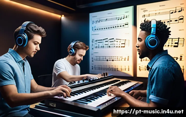 음악 평가 및 측정 - A vibrant music studio scene showing a diverse group of musicians analyzing rhythm and meter on digi...