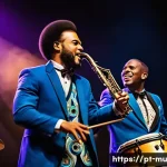 퓨전 음악 편곡 - A vibrant fusion music concert scene featuring diverse musicians on stage blending samba and jazz st...