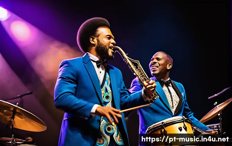 퓨전 음악 편곡 - A vibrant fusion music concert scene featuring diverse musicians on stage blending samba and jazz st...