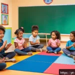 음악과 두뇌 발달 - A vibrant, detailed scene of a diverse group of children in a colorful classroom engaged in a music ...