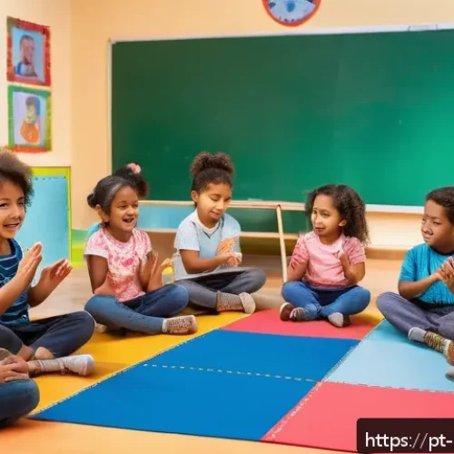 음악과 두뇌 발달 - A vibrant, detailed scene of a diverse group of children in a colorful classroom engaged in a music ...