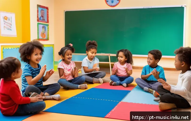 음악과 두뇌 발달 - A vibrant, detailed scene of a diverse group of children in a colorful classroom engaged in a music ...