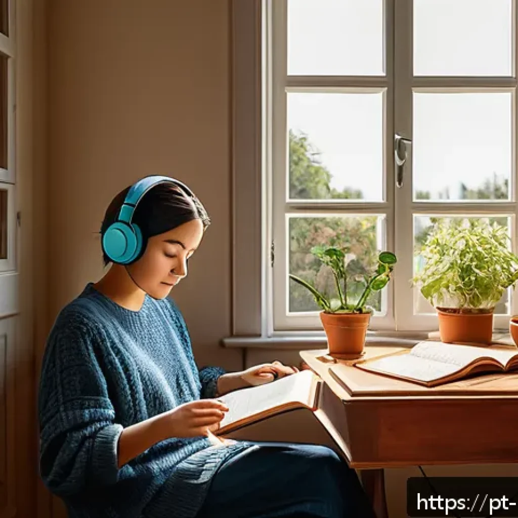 음악과 창의력 개발 - A cozy home study room bathed in soft morning light, with a person wearing comfortable clothes and h...