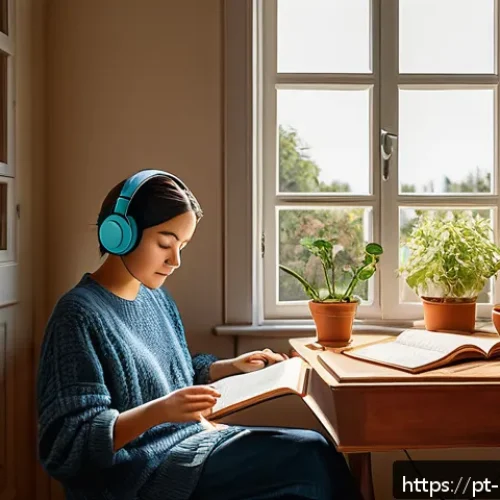 음악과 창의력 개발 - A cozy home study room bathed in soft morning light, with a person wearing comfortable clothes and h...