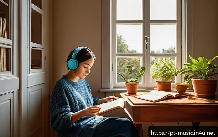 음악과 창의력 개발 - A cozy home study room bathed in soft morning light, with a person wearing comfortable clothes and h...