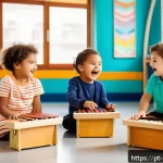 음악 교육 철학 - A joyful group of young children in a bright, colorful classroom, engaged in a musical play session ...