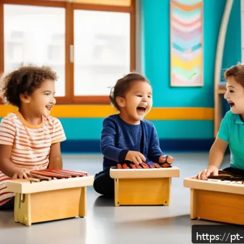 음악 교육 철학 - A joyful group of young children in a bright, colorful classroom, engaged in a musical play session ...