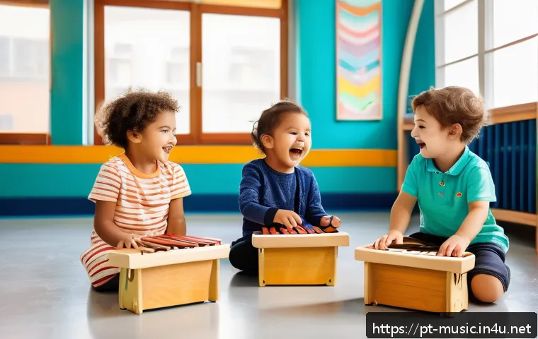 음악 교육 철학 - A joyful group of young children in a bright, colorful classroom, engaged in a musical play session ...