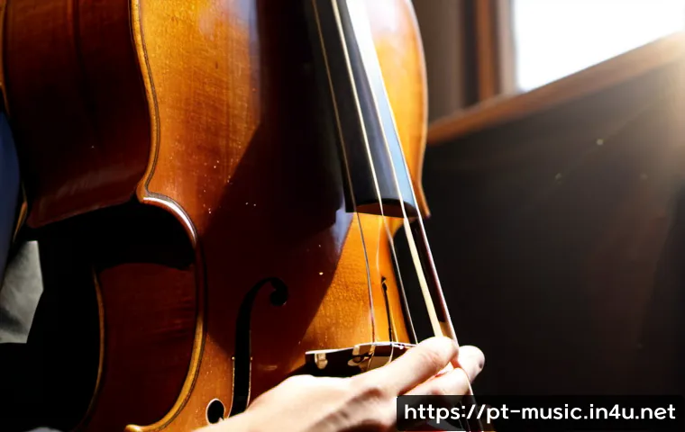 Home 17 첼로 연주 기법 - Photorealistic close-up of a professional cellist demonstrating precise bowing technique, left hand ...